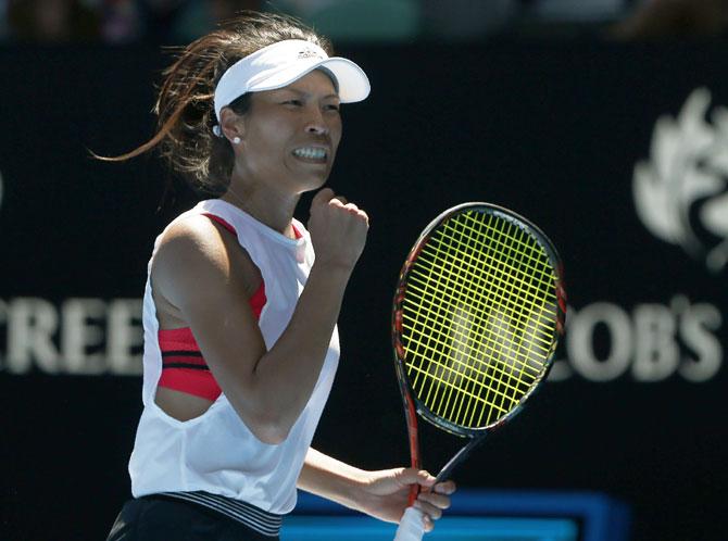 Taiwan's Hsieh Su-Wei celebrates a point during her match against Spain's Garbine Muguruza