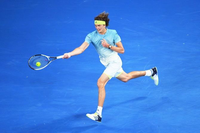 Germany's Alexander Zverev plays a forehand in his second round match against Germany's Peter Gojowczyk