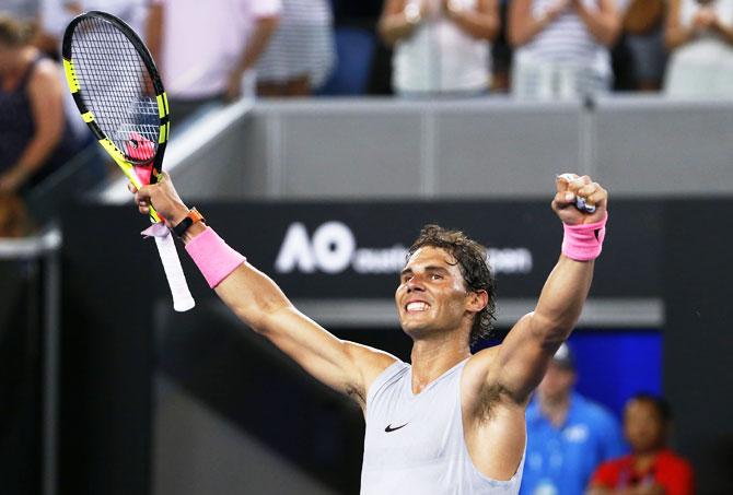 Spain's Rafael Nadal celebrates winning his match against Bosnia and Herzegovina's Damir Dzumhur on Margaret court Arena