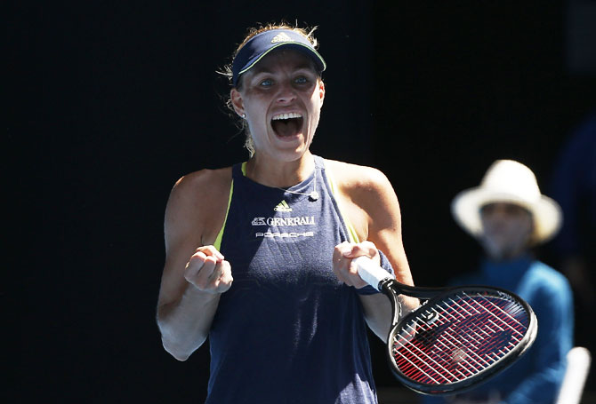 Germany's Angelique Kerber celebrates winning against Taiwan's Hsieh Su-Wei in their fourth round match on Monday