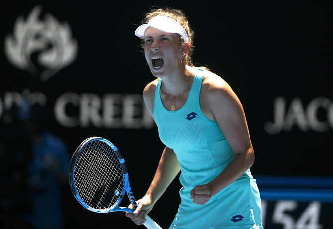 Belgium's Elise Mertens reacts during her quarter-final against Ukraine's Elina Svitolina