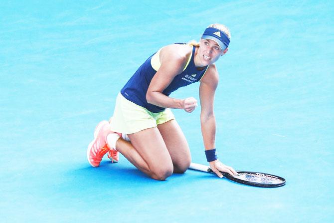 Angelique Kerber reacts after winning a break point in her semi-final against Simona Halep on Thursday