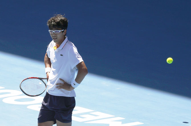 South Korea's Chung Hyeon reacts after defeating USA's Tennys Sandgren