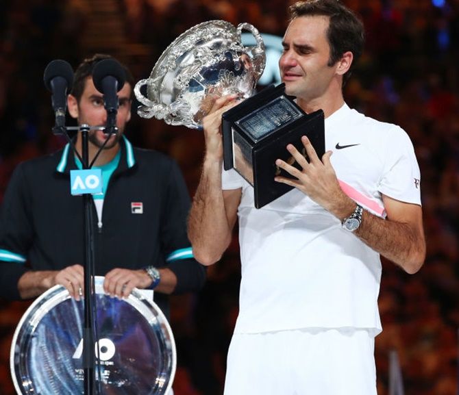 An emotional Roger Federer after winning the 2018 Australian Open final, his 20th Grand Slam title, January 28, 2018. Photograph: Clive Brunskill/Getty Images