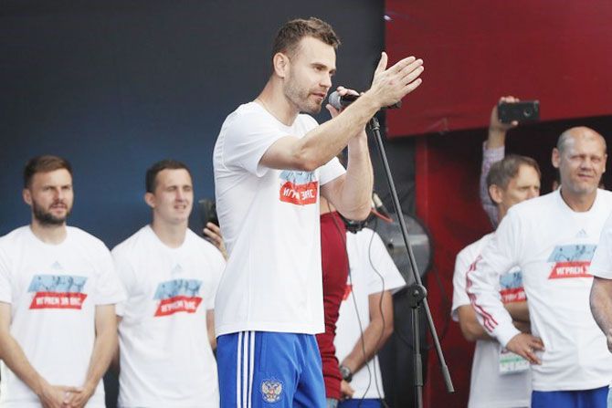 Russia's goalkeeper national soccer team Igor Akinfeev speaks to fans at the FIFA Fan Fest on Sunday