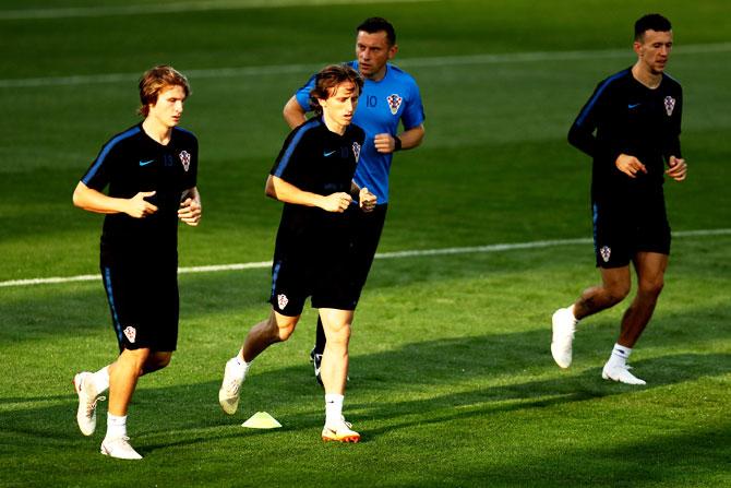 Luka Modric and his teammates during a Croatia training session at Luzhniki Stadium in Moscow on Monday