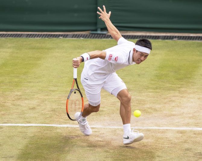 Japan's Kei Nishikori in action during his match against Latvian Ernests Gulbis
