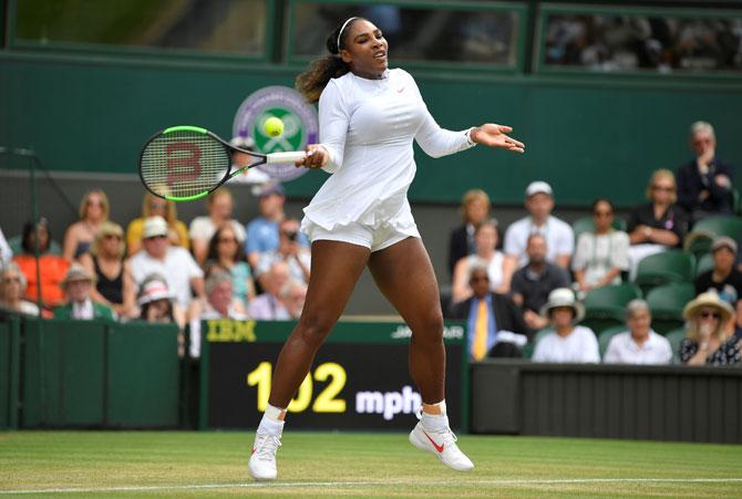 Serena Williams of the US in action during her fourth round match against Russia's Evgeniya Rodina