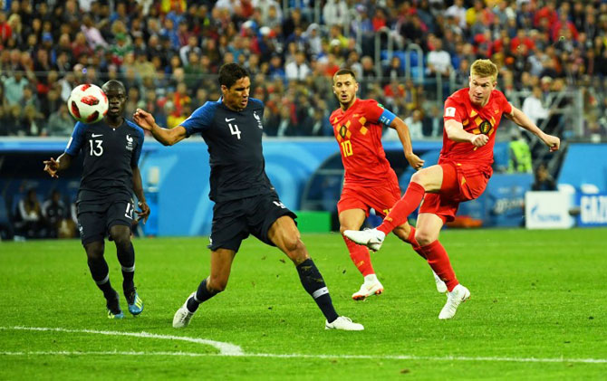 Belgium's Kevin De Bruyne shoots on goal