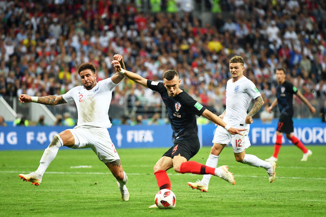 Croatia's Ivan Perisic takes a shot on goal