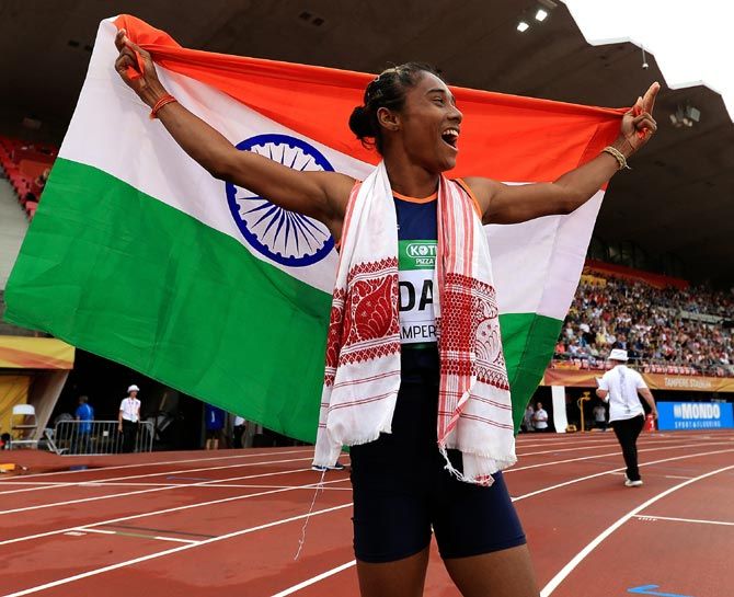 Champion athlete Hima Das, winner, World Championship gold, Asian Games gold and two silver medals. Photograph: Stephen Pond/Getty Images