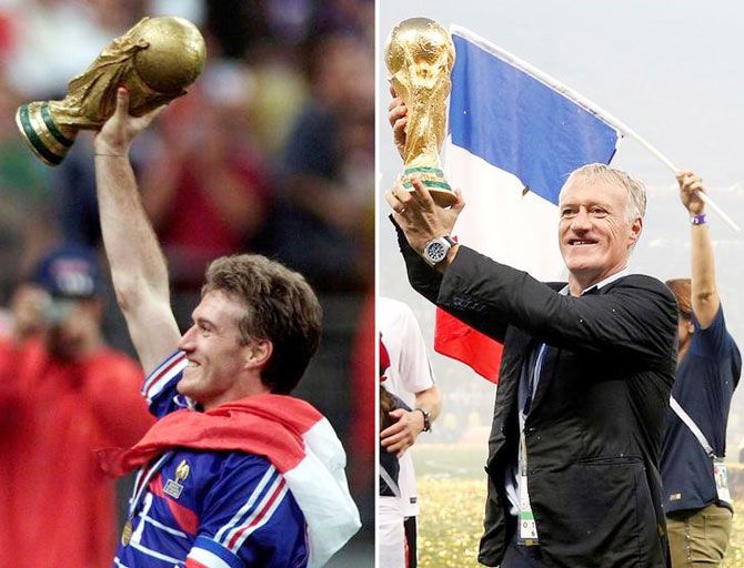 A combination picture shows Didier Deschamps holding the World Cup winner trophy as French soccer team captain on July 12, 1998 (left) at the Stade de France in Saint-Denis, France, and as French soccer team coach on July 15, 2018 (R) at Luzhniki Stadium in Moscow, Russia