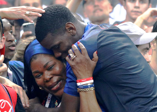 France's Paul Pogba celebrates with mother Yeo Pogba