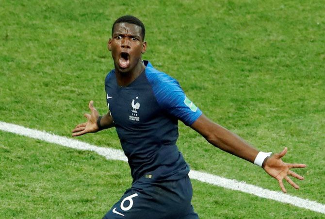 France's Paul Pogba celebrates scoring their third goal against Croatia in the World Cup final
