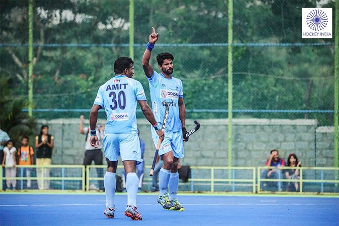 India's Rupinder Pal Singh celebrates on scoring against New Zealand on Saturday
