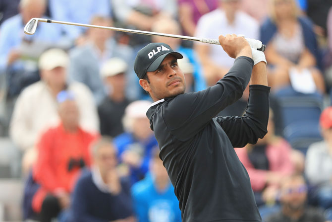 India'a Shubhankar Sharma plays his shot from the third tee during the third round of the 147th Open Championship at Carnoustie Golf Club in Carnoustie, Scotland, on Saturday