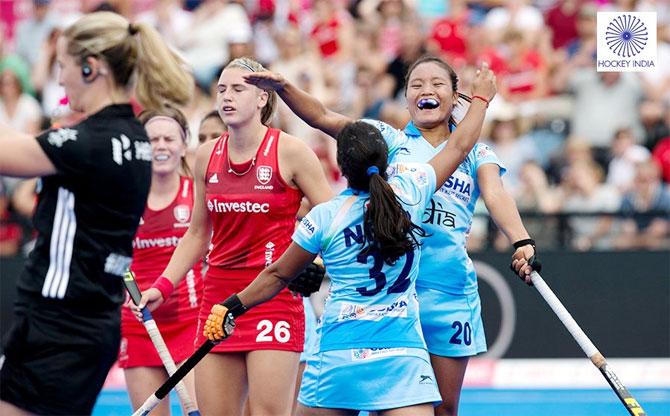 India players celebrate a goal by Neha Goyal