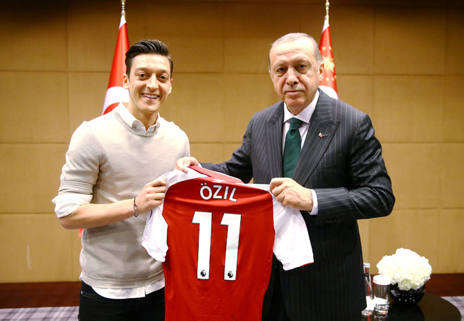 Turkish President Tayyip Erdogan meets with Arsenal's soccer player Mesut Ozil in London, Britain on May 13, 2018