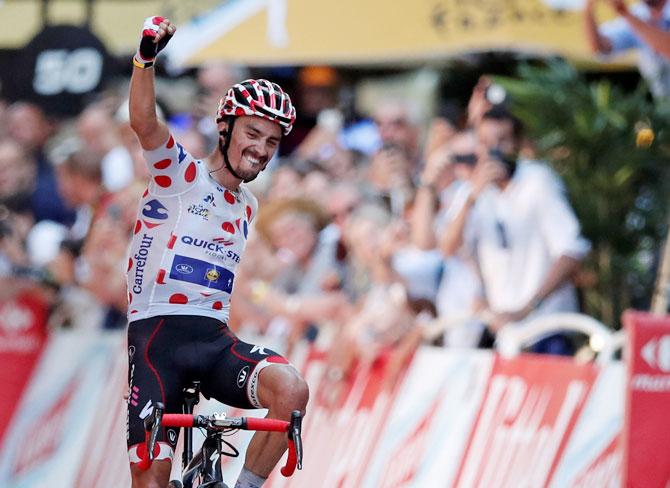 Quick-Step Floors rider Julian Alaphilippe of France wins the 218-km Stage 16 from Carcassonne to Bagneres-de-Luchon stage of the Tour de France on Tuesday