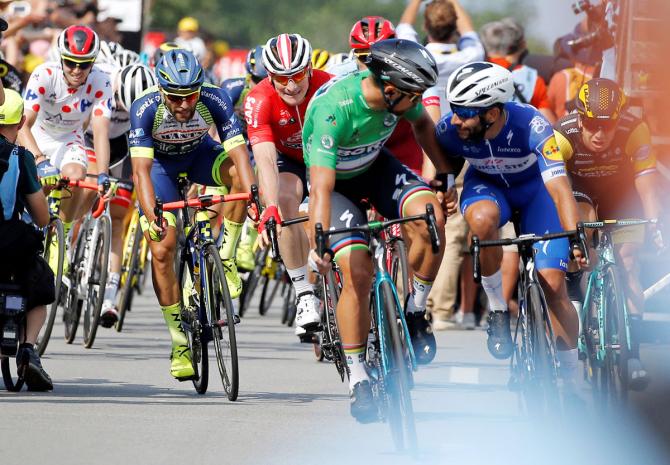 BORA-Hansgrohe rider Peter Sagan of Slovakia congratulates Quick-Step Floors rider Fernando Gaviria of Colombia after the finish at the 195-km Stage 4 from La Baule to Sarzeau on July 10