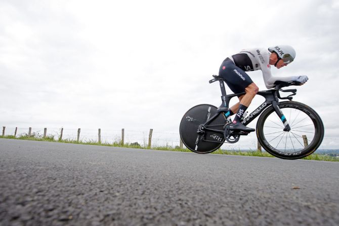 Team Sky rider Chris Froome of Britain in action during the 31-km Stage 20 Individual Time Trial from Saint-Pee-sur-Nivelle to Espelette on Saturday
