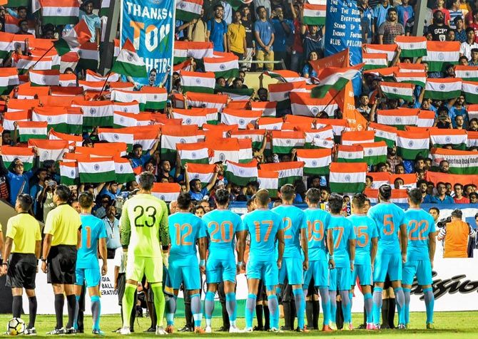 Never before seen scenes for a football game in India as fans thronged the Mumbai Football Arena on June 5, 2018 to cheer the Indian team and its captain Sunil Chettri in his 100th game for the country. Photograph: PTI