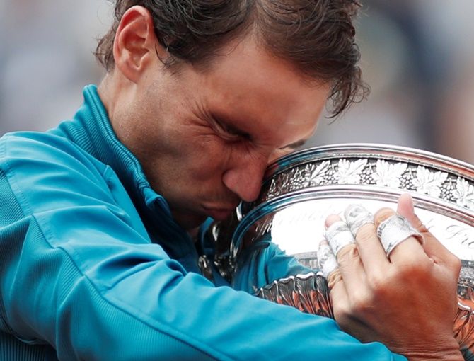An emotional moment for Rafael Nadal as he wins a historic 11th French Open title, June 10, 2018. Photograph: Benoit Tessier/Reuters