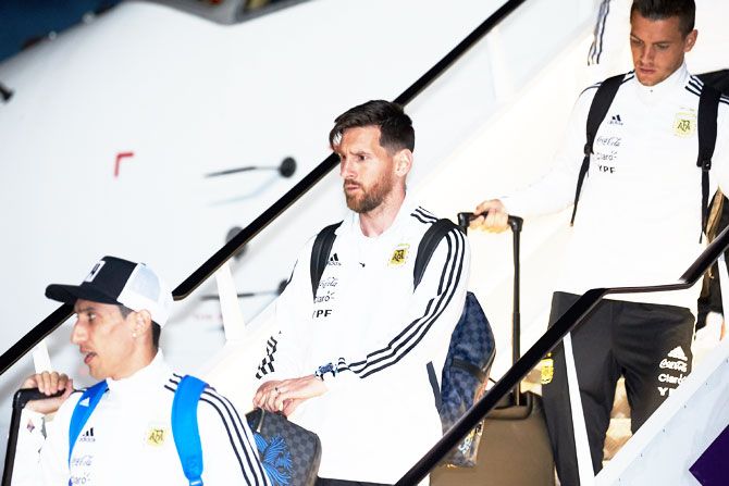 Argentina's Lionel Messi (centre) and his teammates arrive at the Zhukovsky airport in Moscow on Saturday, June 9, for the 2018 World Cup 