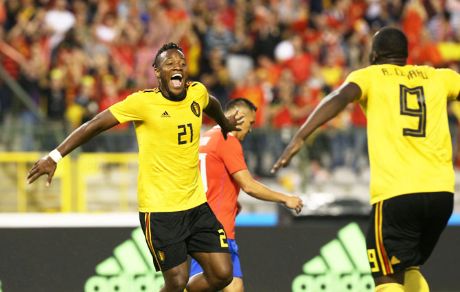 Belgium's Michy Batshuayi celebrates scoring their fourth goal against Costa Rica during their World Cup warm-up match King Baudouin Stadium in Brussels, Belgium on Monday