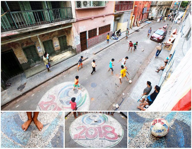 A combination picture shows boys playing soccer (top), and details of feet, a pitch and a football, in a residential area in Kolkata