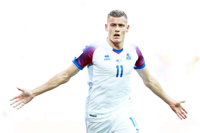 Iceland's Alfred Finnbogason celebrates after scoring his team's first and equalising goal against Argentina