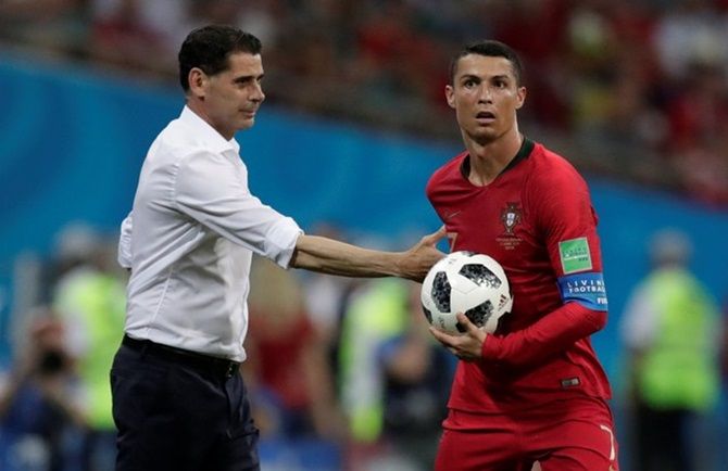 Spain’s coach Fernando Hierro gestures at Portugal's Cristiano Ronaldo during the Friday's World Cup match in Sochi. 