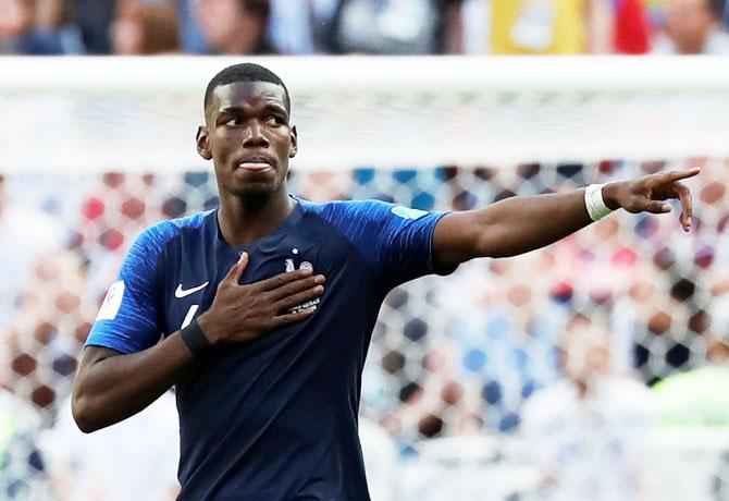 France's Paul Pogba celebrates scoring their second goal against Australia at Kazan Stadium on Saturday