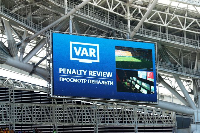 The LED screen shows VAR reviewing a penalty decision during the 2018 FIFA World Cup Russia group C match between France and Australia at Kazan Arena in Kazan on Saturday