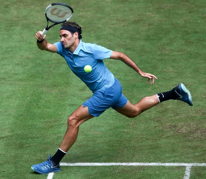 Roger Federer in action during his first round match at Queen's Club, June 20, 2018, against ljaz Bedene. Photograph: Alex Grimm/Getty Images