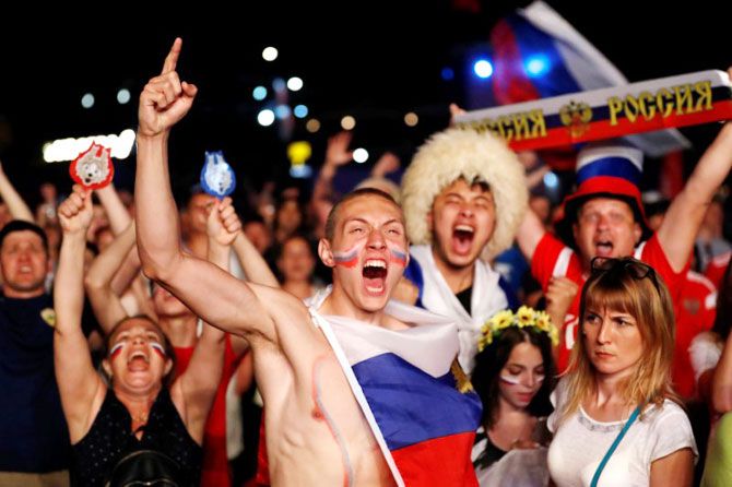 Russian fans react during the match against Egypt in Fan's zone, in Sochi, Russia on Tuesday