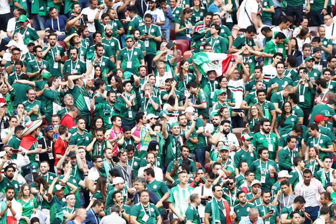Mexico supporters celebrate during the 2018 FIFA World Cup Group F match against Germany at Luzhniki Stadium in Moscow on Wednesday