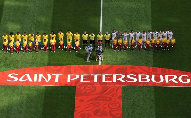 Brazil and Costa Rica teams line up prior to their FIFA World Cup Russia Group E match at Saint Petersburg Stadium in Saint Petersburg on Friday