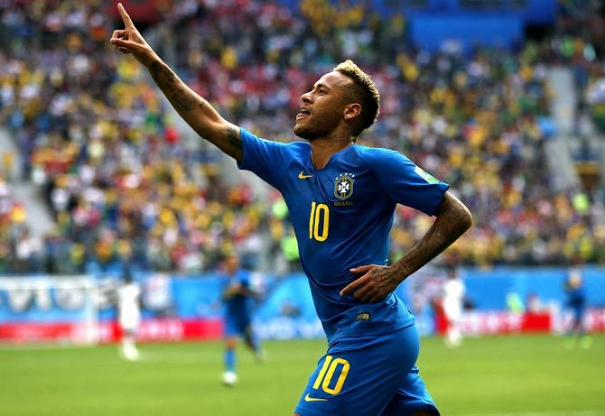Neymar celebrates after scoring Brazil's second goal against Costa Rica, a game where his show boating earned him much criticism and ridicule. Photograph: Francois Nel/Getty Images