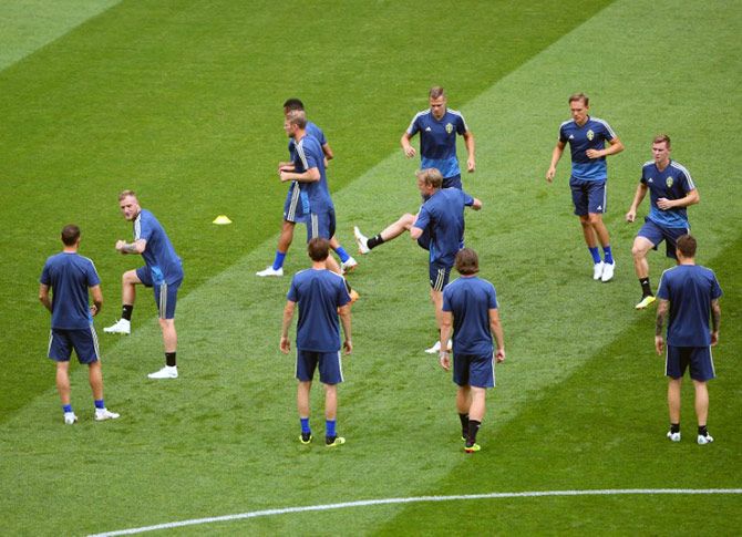 Sweden players at a training session at Fisht Stadium, Sochi, on Friday