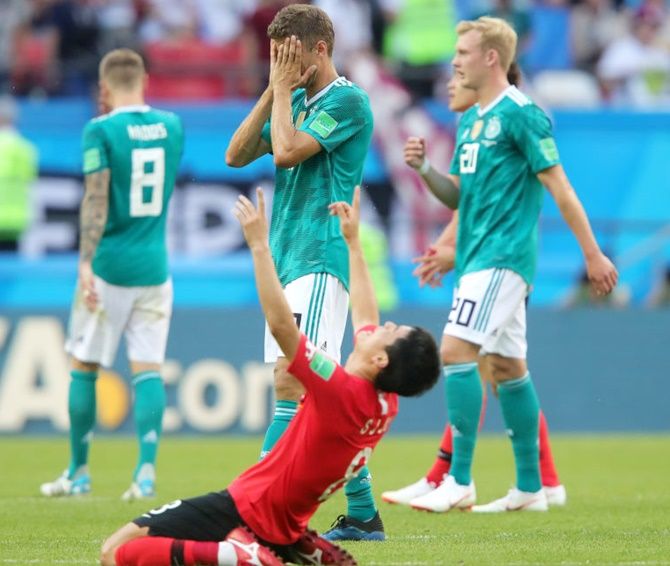 German star Thomas Mueller weeps after Germany was knocked out in the 2018 FIFA World Cup. Photograph: Alexander Hassenstein/Getty Images