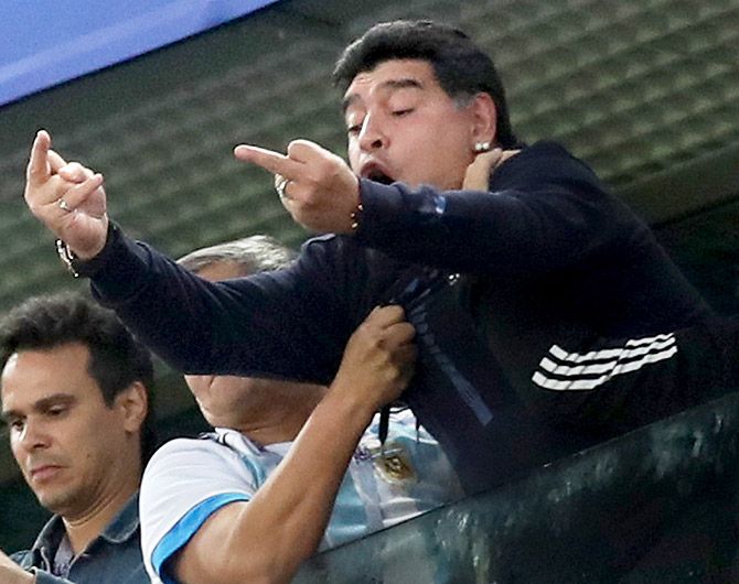 Argentina great Diego Armando Maradona reacts following the 2018 FIFA World Cup Russia group D match between Nigeria and Argentina at Saint Petersburg Stadium in Saint Petersburg, Russia, on Tuesday