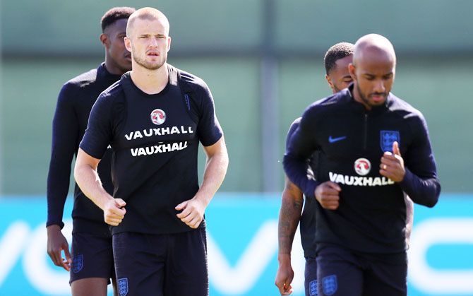 England's Eric Dier and his teammates at a training session on Wednesday