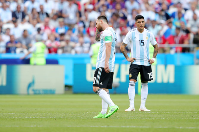 Argentina's Lionel Messi looks dejected following France's first goal