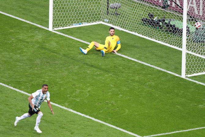 Argentina's Gabriel Mercado celebrates after scoring his team's second goal