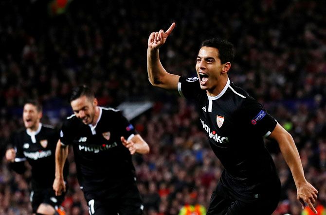 Sevilla’s Wissam Ben Yedder celebrates scoring a goal 
