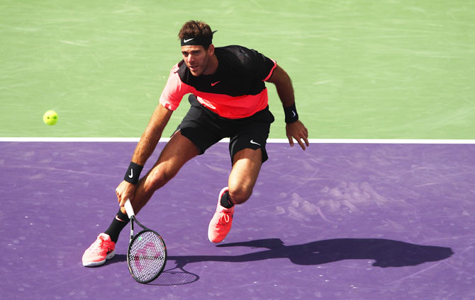 Argentina's Juan Martin Del Potro in action against Serbia's Filip Krajinovic