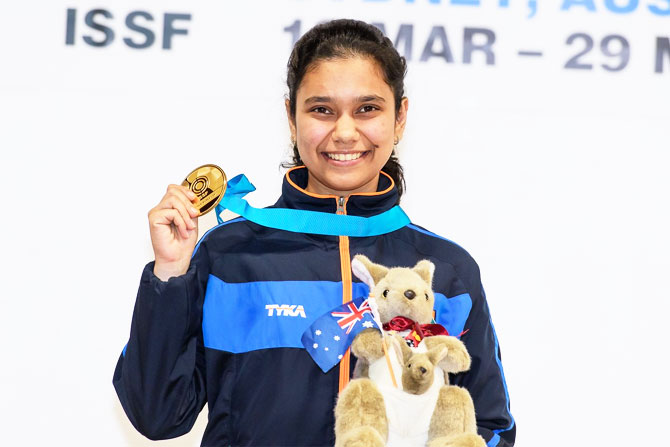 India's Muskan shows off her medal at the ISSF Junior World Cup in Sydney on Wednesday