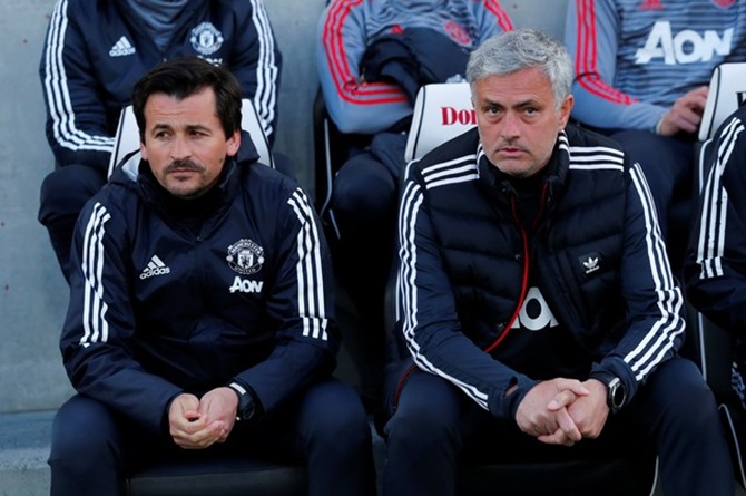 Manchester United manager Jose Mourinho and assistant manager Rui Faria