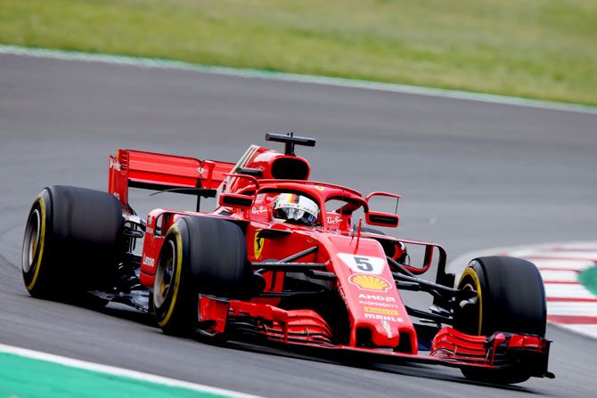 Germany's Sebastian Vettel driving the (5) Scuderia Ferrari SF71H on track during the Spanish Formula One Grand Prix at Circuit de Catalunya in Montmelo, Spain, on Sunday May 13